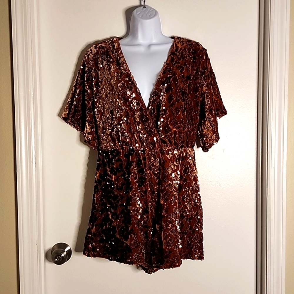 Venus glitter/rhinestone velour romper, size small, brown and gold